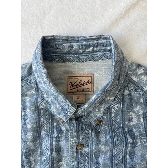 Vintage Woolrich Men XL Camp Shirt Button Up All Over Fish Pattern Short Sleeve - Picture 4 of 7